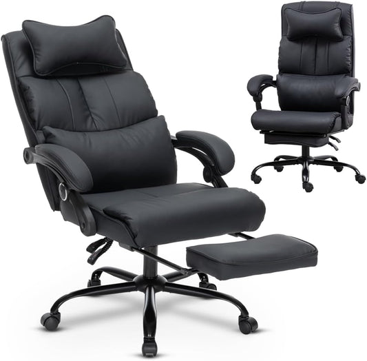 Comfort Reclining Leather Office Chair with Foot Rest | BLACK