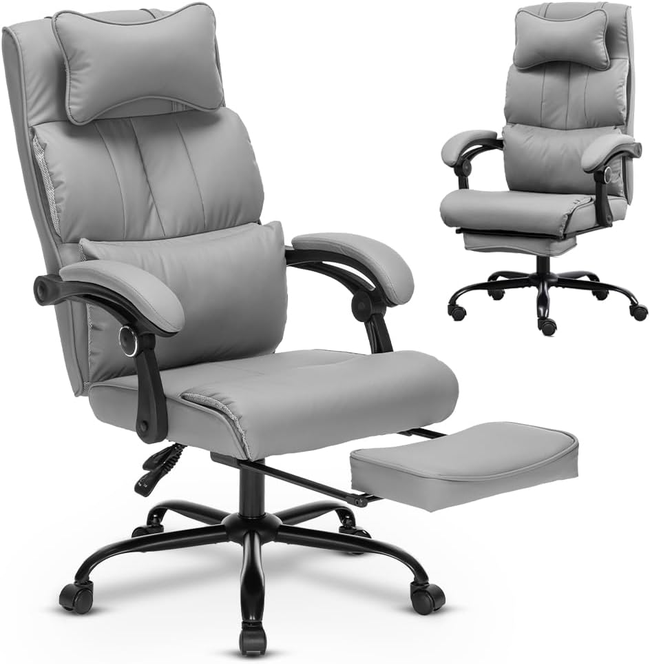 Comfort Reclining Leather Office Chair with Foot Rest | GREY