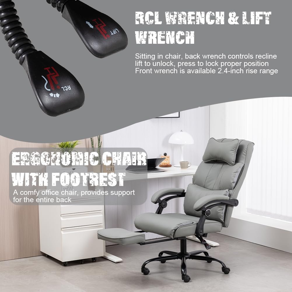 Comfort Reclining Leather Office Chair with Foot Rest | GREY