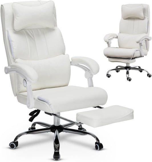 Comfort Reclining Leather Office Chair with Foot Rest | WHITE