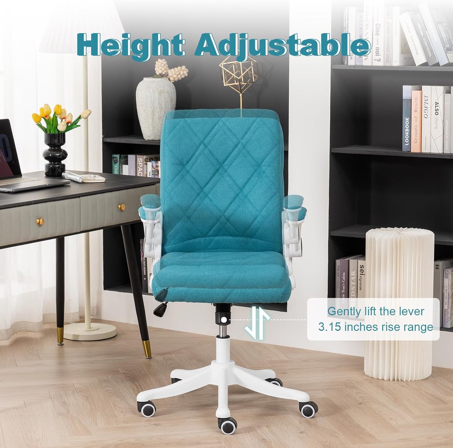 HousePrint Silla de oficina en casa, cómoda silla de escritorio con ruedas, silla de oficina ejecutiva, silla ergonómica giratoria para computadora con soporte lumbar y reposabrazos abatibles |Verde