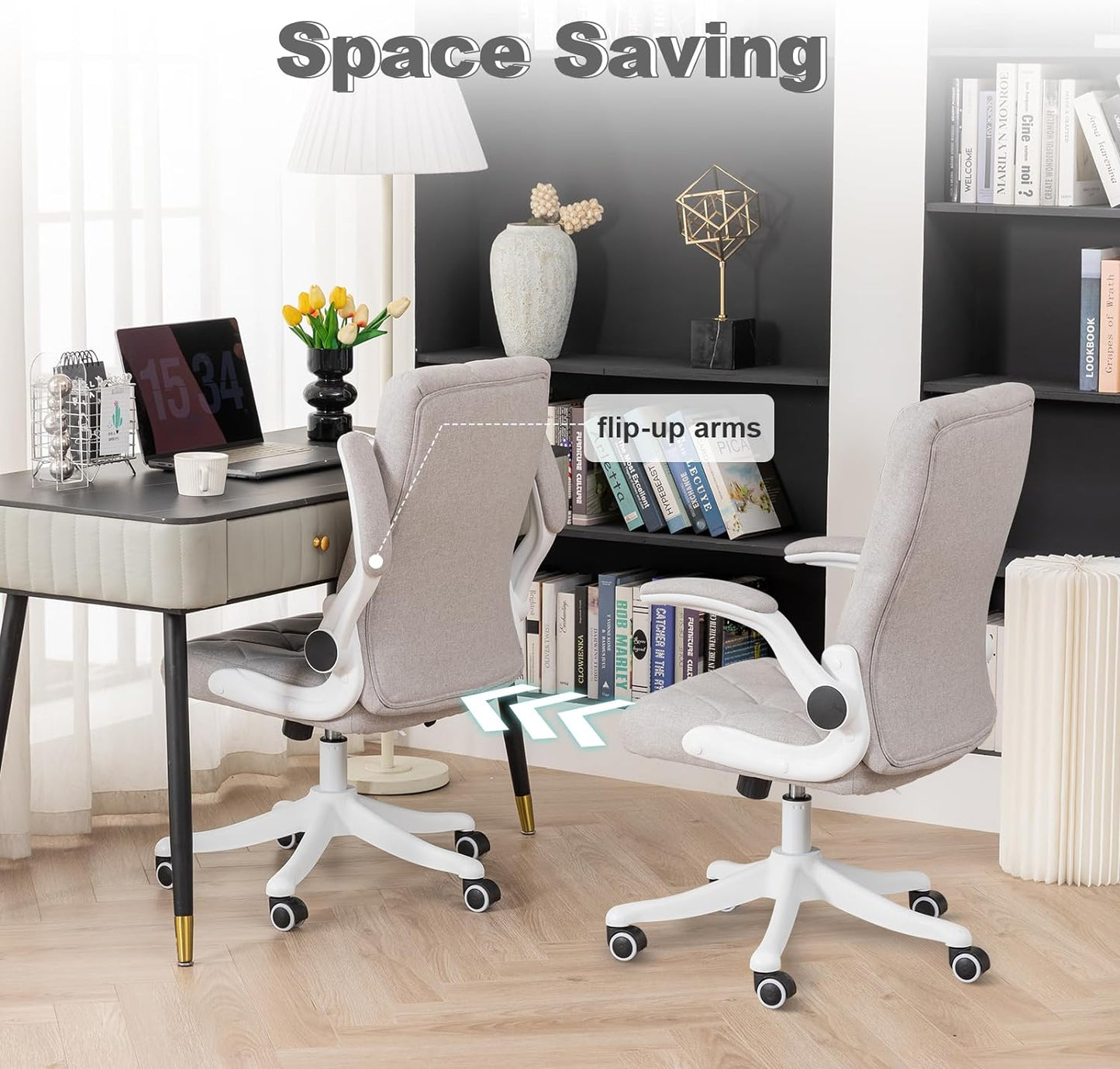 Colorful Cloth Comfy Home Office Chair with Flip-up Armrests | WHITE