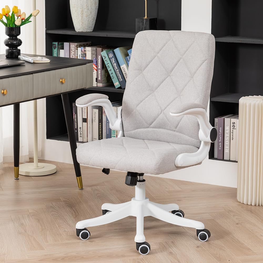 Colorful Cloth Comfy Home Office Chair with Flip-up Armrests | WHITE