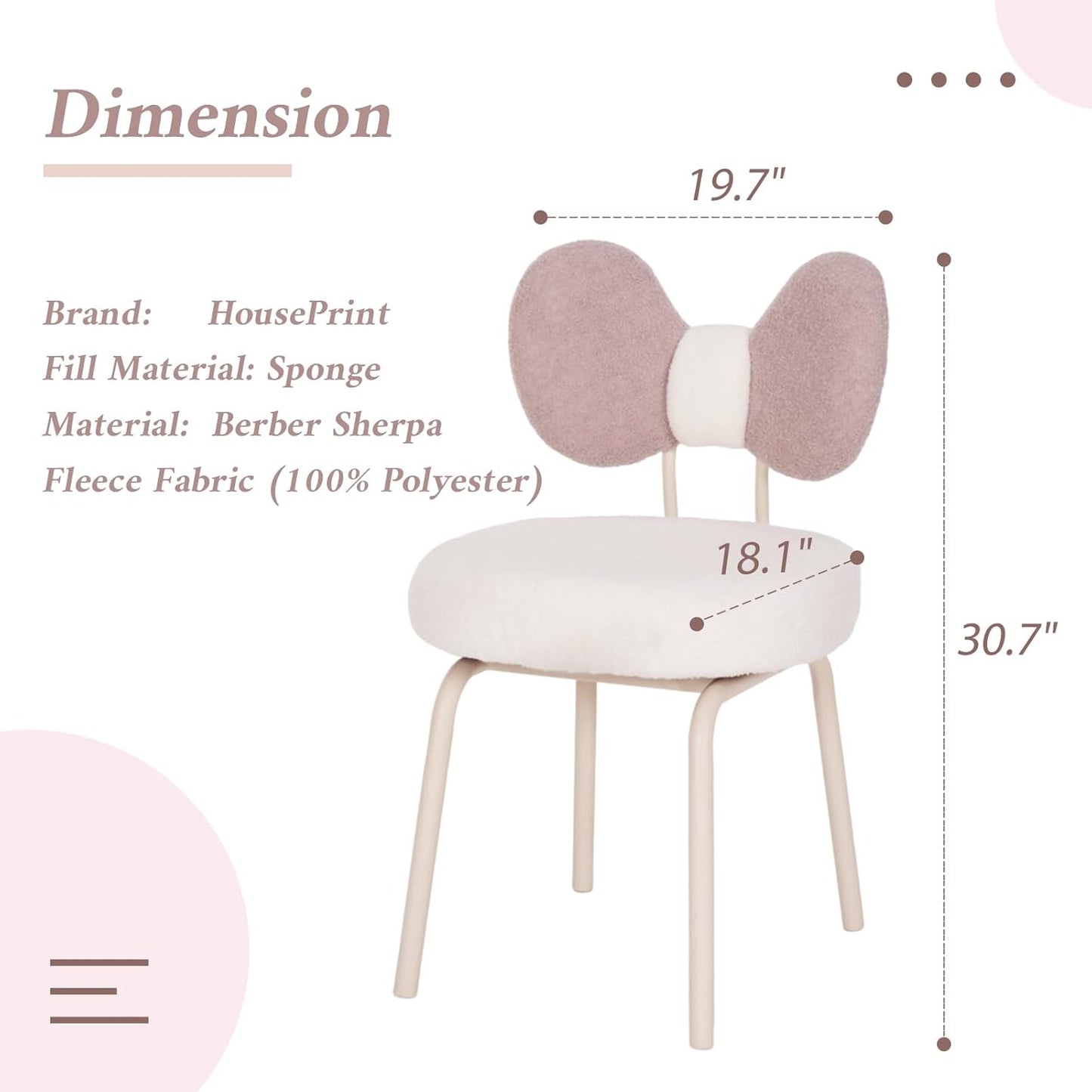 Vanity Chair with Back Comfy Desk Chair Swivel Makeup Stool with Bowknot for Bedroom | WHITE