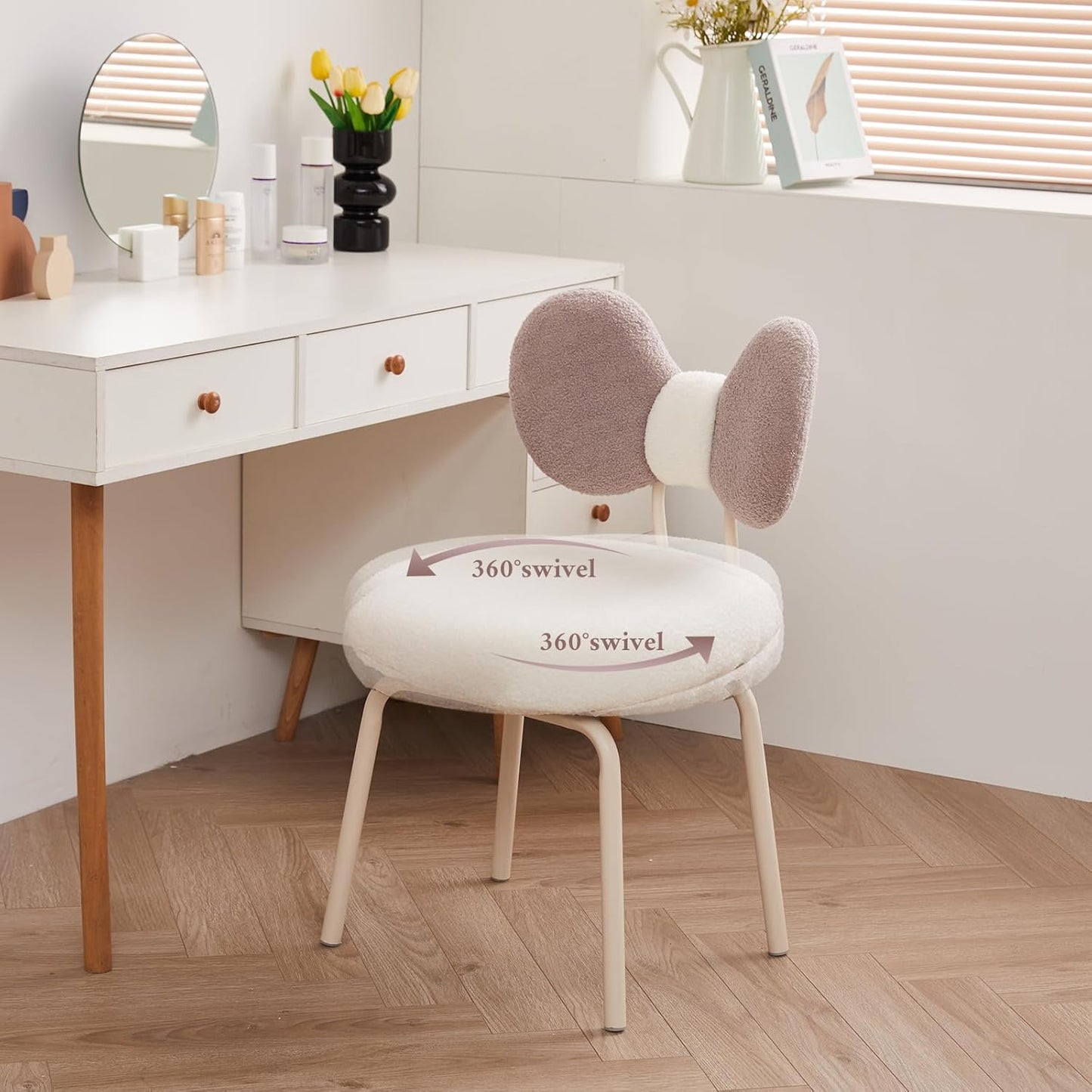 Vanity Chair with Back Comfy Desk Chair Swivel Makeup Stool with Bowknot for Bedroom | WHITE