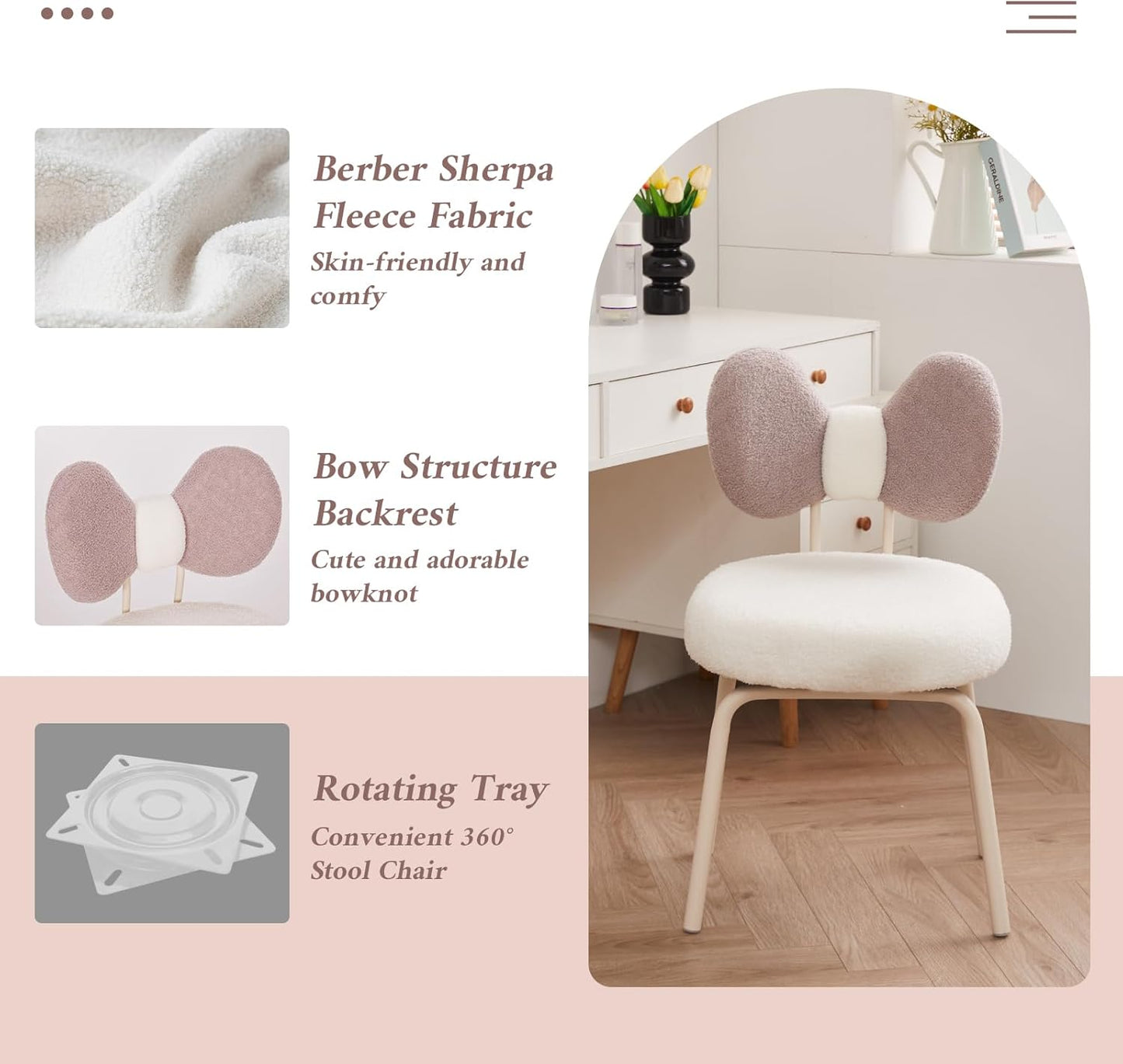 Vanity Chair with Back Comfy Desk Chair Swivel Makeup Stool with Bowknot for Bedroom | WHITE