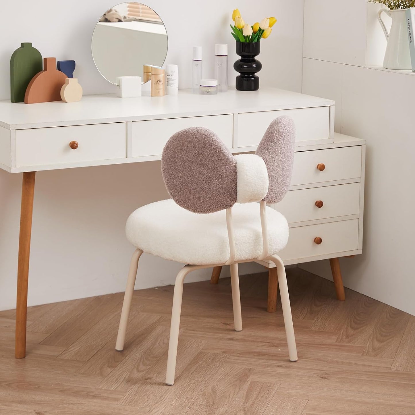Vanity Chair with Back Comfy Desk Chair Swivel Makeup Stool with Bowknot for Bedroom | WHITE